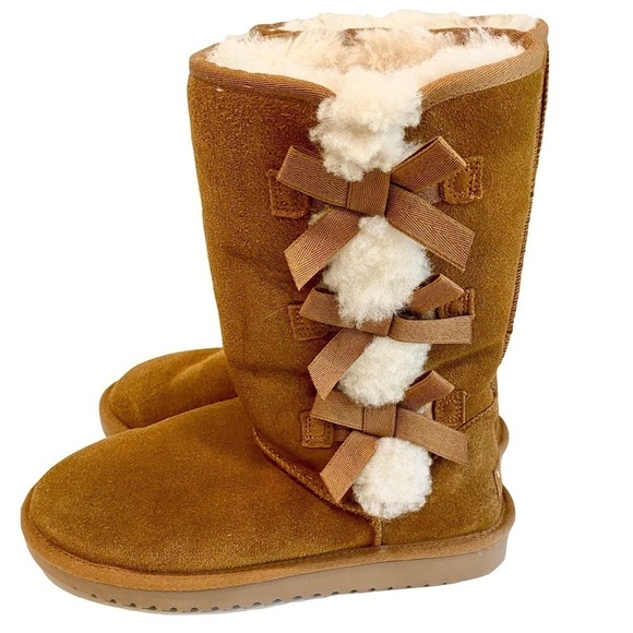Koolaburra by UGG Tall Boots Chestnut Suede Leather Faux Fur Pom Pom Size 8 - Picture 4 of 13